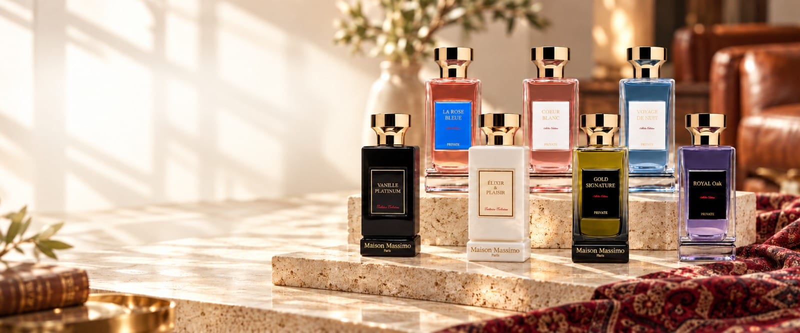 Les sept parfums de la collection Maison Massimo alignés sur un socle de travertin